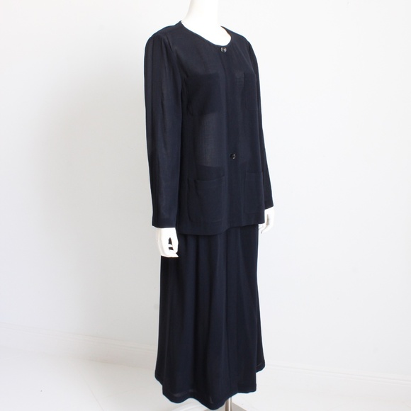 Chanel Jacket + Skirt Suit 2pc Sheer Wool Crepe Button Front Navy Blue 99P HTF - Picture 6 of 10